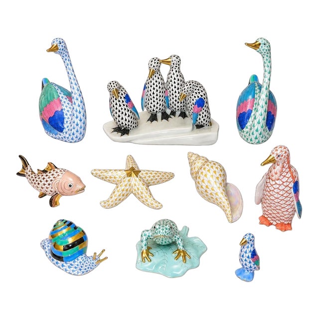 Set of Ten Herend Porcelain Aquatic Animal Figurines. Hungary, 20th Century. For Sale