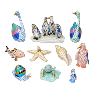 Set of Ten Herend Porcelain Aquatic Animal Figurines. Hungary, 20th Century.