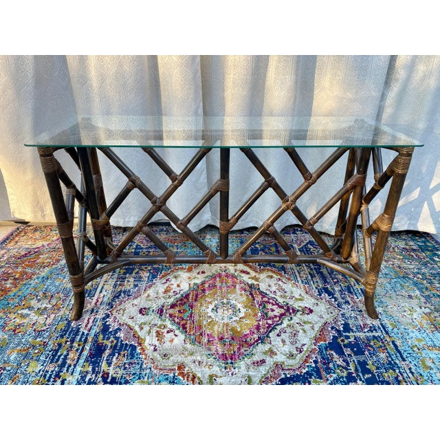 Vintage Rattan Chinese Chippendale Pattern Entry Table For Sale - Image 9 of 9