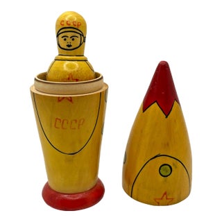 1960's Space Rocket With Astronaut Wooden Nesting Doll For Sale