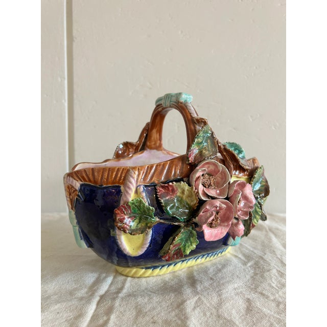 Mid-Century Modern Antique French Barbotine Majolica Basket Vase Applied Rose Vase For Sale - Image 3 of 12