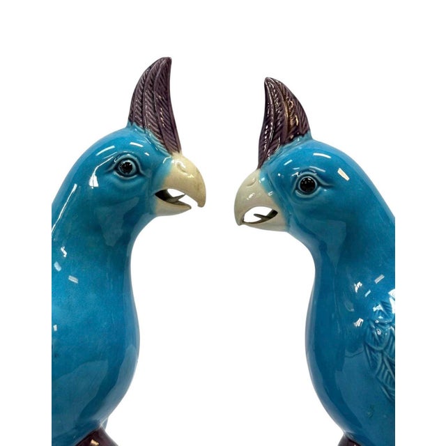 Vintage Chinoiserie Turquoise and Purple Glazed Parrot or Cockatoo Sculptures For Sale In Atlanta - Image 6 of 7