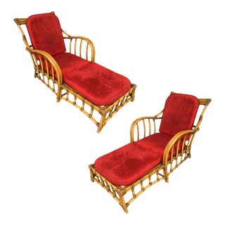 Rare Paul Frankl Styled Faux Rattan Outdoor/Patio Chaise Lounge Chair, Pair For Sale