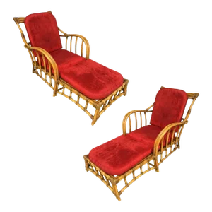 Rare Paul Frankl Styled Faux Rattan Outdoor/Patio Chaise Lounge Chair, Pair