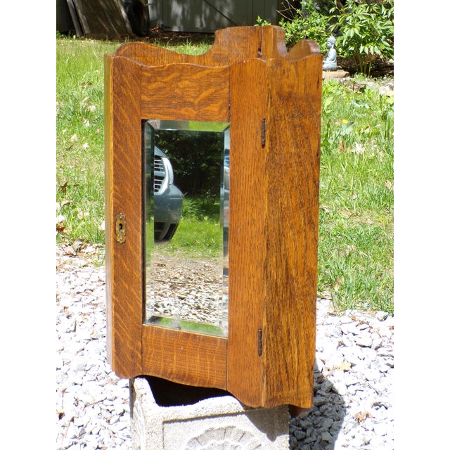 Antique Oak Corner Medicine Cabinet Beveled Mirror Cupboard Kitchen Apothecary For Sale In Boston - Image 6 of 13