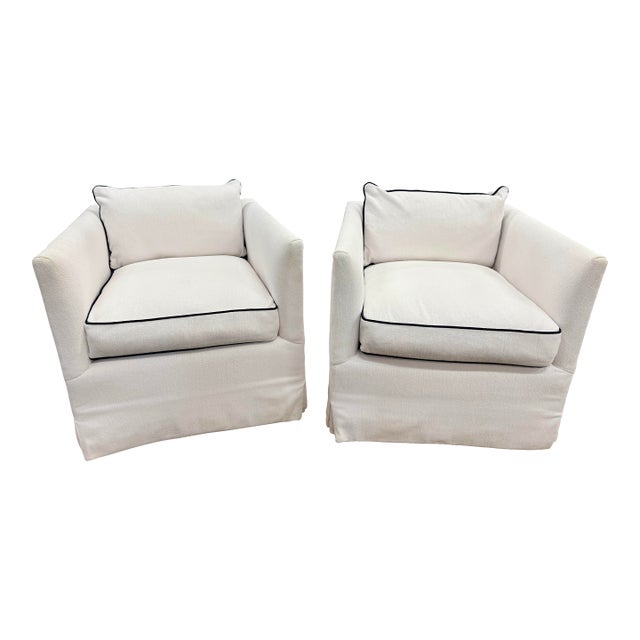 Pair of Serena & Lily White Slipcovered Swivel Club Chairs For Sale