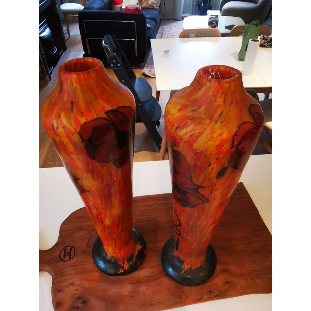 Marbled Enameled Glass Poppy 1910 Vases by Legras , 1890s, Set of 2 For Sale - Image 6 of 11