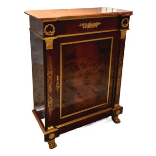 French Louis XVI Style Commode – Marble Top, Fine Marquetry Inlay & Ornate Gilded Bronze Details For Sale