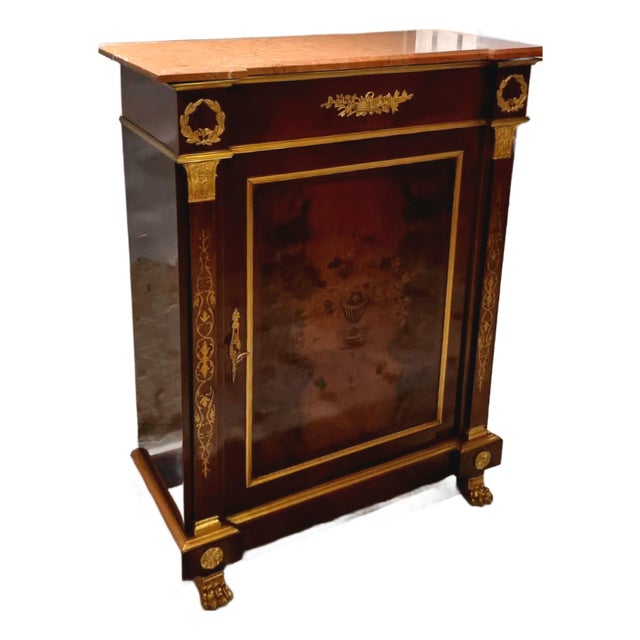 French Louis XVI Style Commode – Marble Top, Fine Marquetry Inlay & Ornate Gilded Bronze Details For Sale