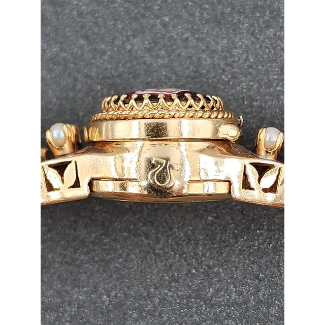 1950s 14k Yellow Gold Slide Charm Omega Gemstone Bracelet Watch For Sale - Image 9 of 16