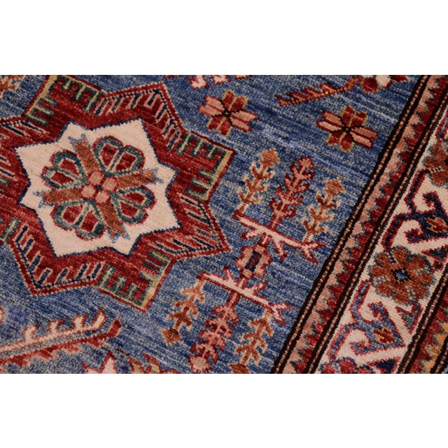 Rustic Super Kazak Blue/Beige Wool Runner Rug- 2'8'' X 10'6'' For Sale - Image 4 of 10