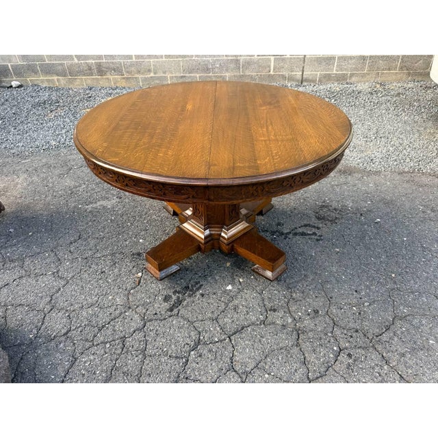 Farmhouse Antique Hand Carved Tiger Oak Pedestal Base Dining Table. For Sale - Image 3 of 17