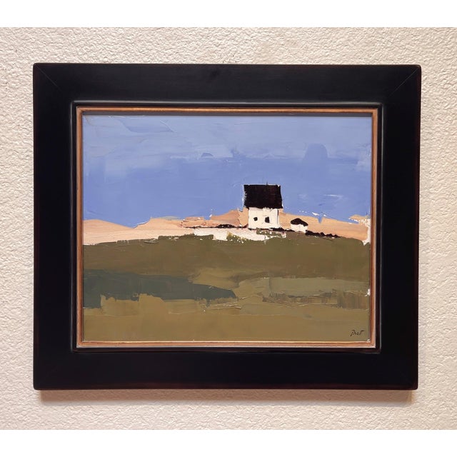 This artwork depicts a solitary Irish house set against a vast, open landscape characterized by soft, rolling hills and a...