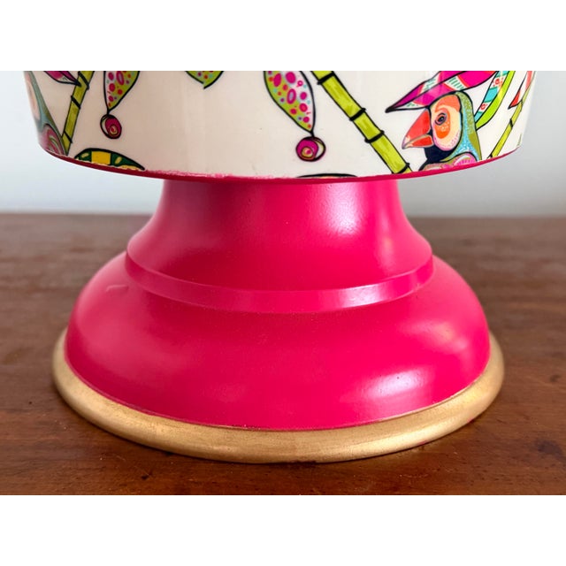 2010s Hot Pink Tropical Themed Tole Cachepot/Champagne Bucket With Gold Accents and Handles For Sale - Image 5 of 7