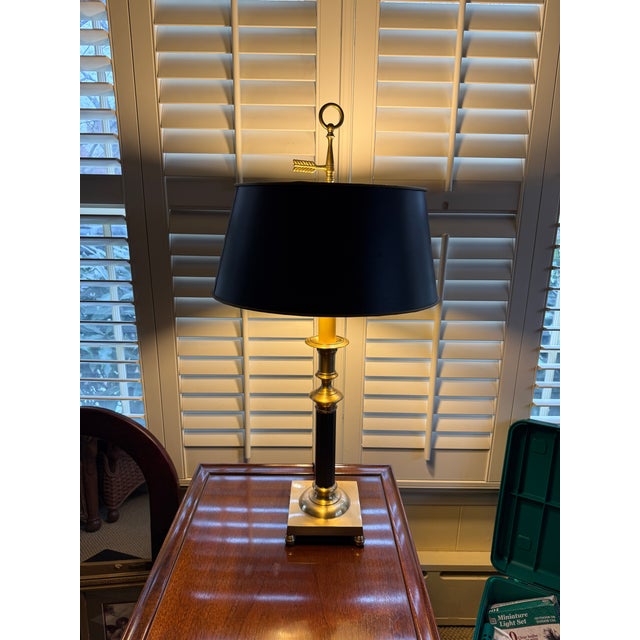 Wildwood Vintage Wildwood Brass Candlestick Table Lamp With Marbled Tole Shade For Sale - Image 4 of 15