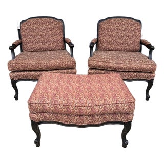 Pair of Fairfield Paisley Fauteuil Chairs With Ottoman For Sale