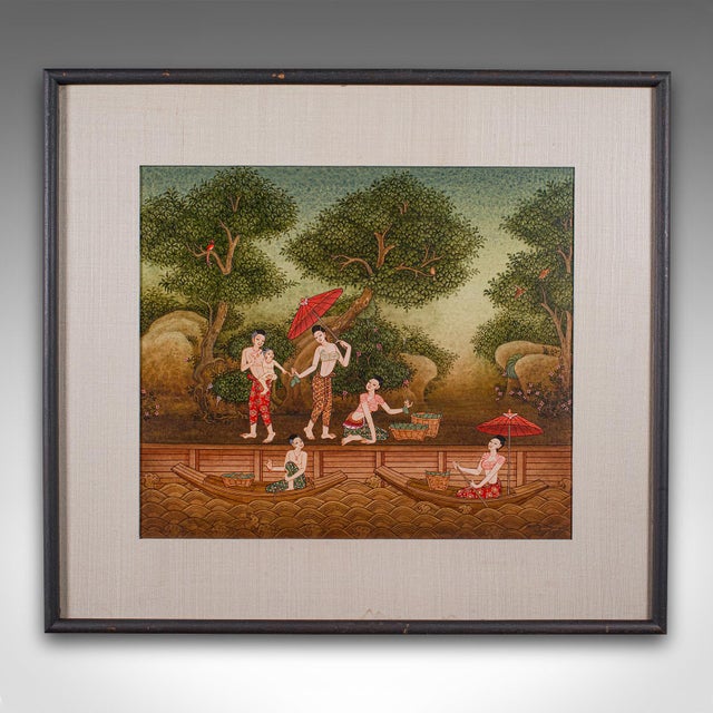 This is a vintage Far Eastern painting. A Thai, framed gouache folk art piece, dating to the late 20th century, circa...