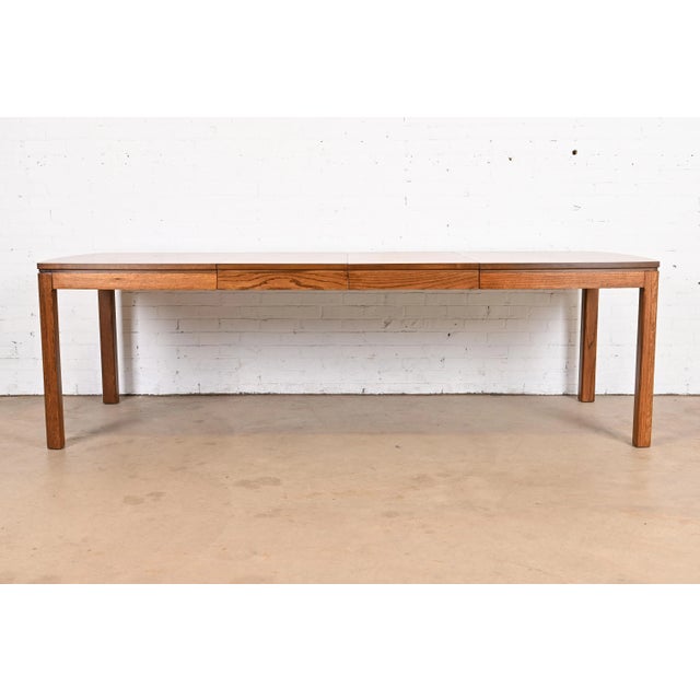 Thomasville Thomasville Mid-Century Modern Patchwork Oak Parsons Extension Dining Table, Newly Refinished For Sale - Image 4 of 12