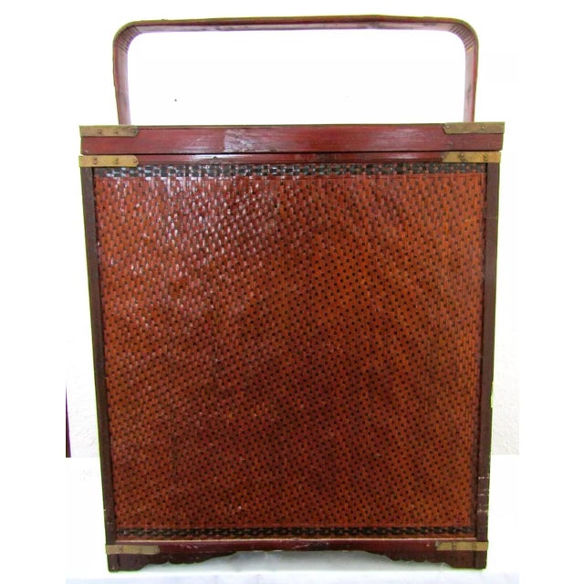Wood Early 20th Century Antique Chinese Rattan Wedding Gift Box With Four Drawers, Top Tray and Handle For Sale - Image 7 of 10