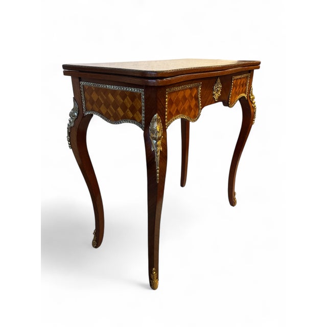 Parquetry Game Table with Green Felt Top, 1950s For Sale - Image 4 of 9