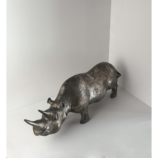 Rhino Sculpture in Platinum Toned Metallic Finish, 1980s For Sale - Image 3 of 7