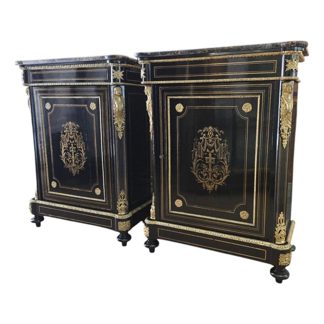 French Cabinets with Gilt Bronze Mounts and Portoro Marble, 1870s, Set of 2 For Sale