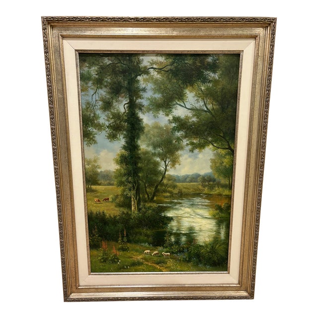 Vintage Framed Landscape Oil Print on Canvas For Sale