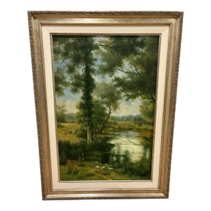 Vintage Framed Landscape Oil Print on Canvas