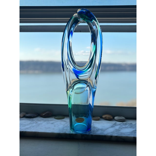 Late 20th Century Signed A. Tablonski Polish Art Glass Sculpture -- 18" Blue Green Crystal Modernist Vase For Sale - Image 4 of 13
