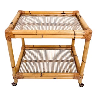 Mid-Century Modern Italian Bamboo Cane and Rattan Bar Cart, 1970s For Sale