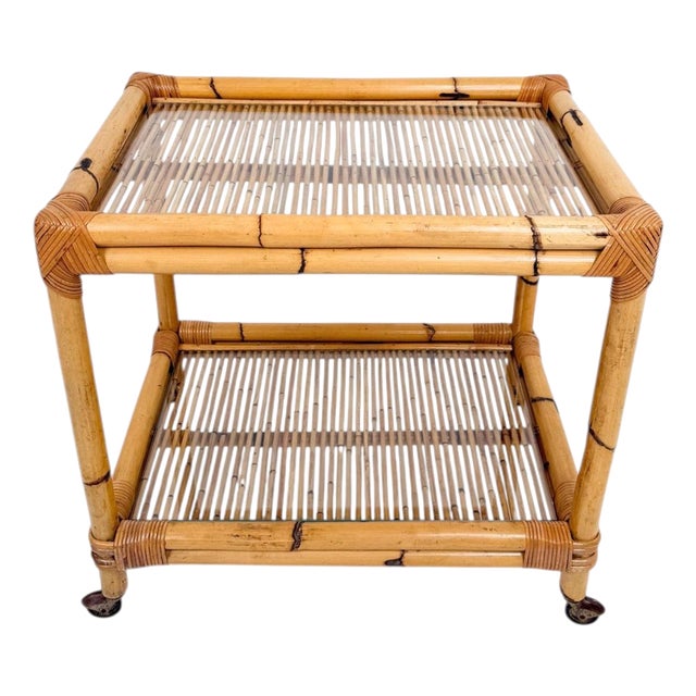 Mid-Century Modern Italian Bamboo Cane and Rattan Bar Cart, 1970s For Sale