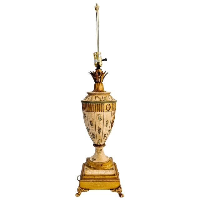 Neoclassical Vintage Neoclassical Crackle Glazed Urn Table Lamps With Medallions - A Pair For Sale - Image 3 of 16