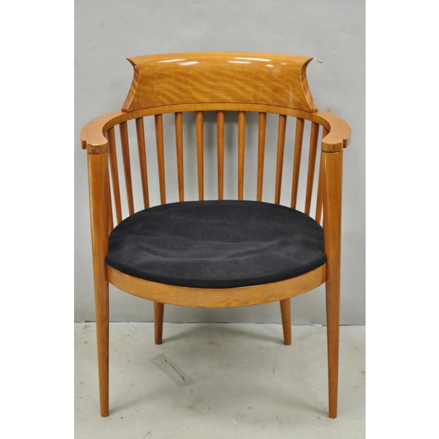 Vintage Postmodern Maple Wood Spindle Barrel Back Tapered Leg Lounge Arm Chair. Circa Late 20th Century. Measurements: 32"...