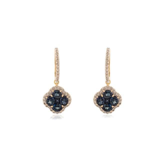 14k Gold Regal 4.55 Ct Deep Sapphire & Diamond Cluster Drop & Dangle Earrings- 2 Pieces For Sale - Image 4 of 12