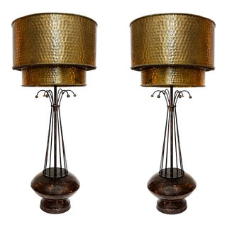Vintage Atomic Age Inspired Table Lamps, Hammered Shade in Brass, Pair For Sale