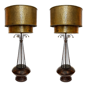 Vintage Atomic Age Inspired Table Lamps, Hammered Shade in Brass, Pair