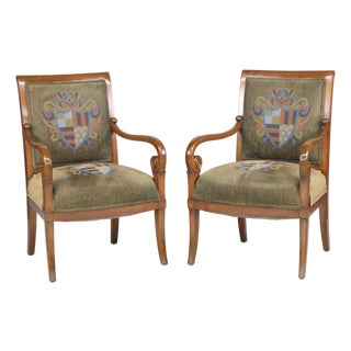 French Empire Style Armchairs With Heraldic Crests, a Pair For Sale