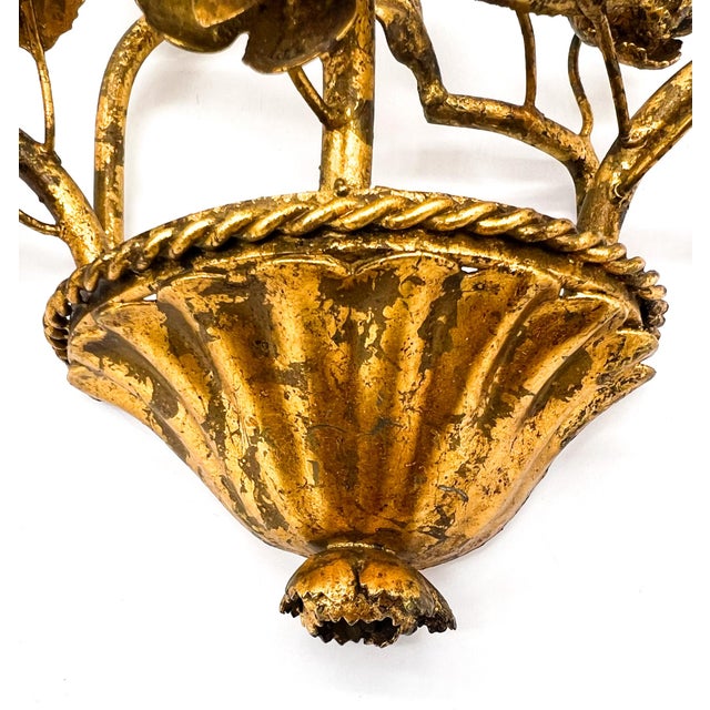 Metal Vintage Italian Gilt Tole Floral Three Arm Wall Sconce — Hollywood Regency / Florentine For Sale - Image 7 of 12