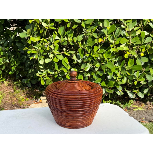 Wood Vintage Pencil Reed Rattan Lidded Urn For Sale - Image 7 of 9