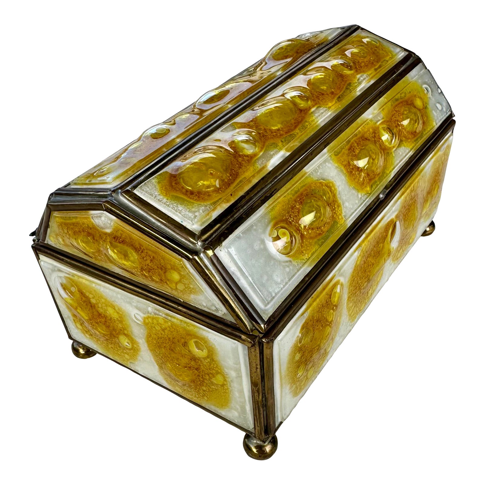 Vintage Stained Glass and Brass Footed Casket Box | Chairish