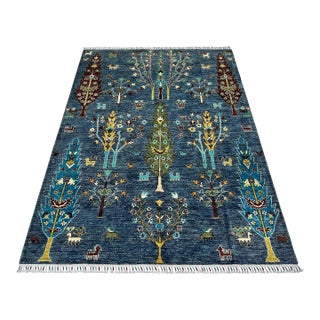 Blue Afghan Pictorial Tree of Life Hand-Knotted Wool Rug - 7'10" X 5'9" For Sale