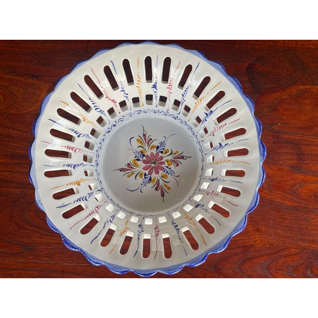 Folk Art Majolica Alcobaca Multi-Color & White Portuguese Footed Fruit Bowl For Sale - Image 3 of 5