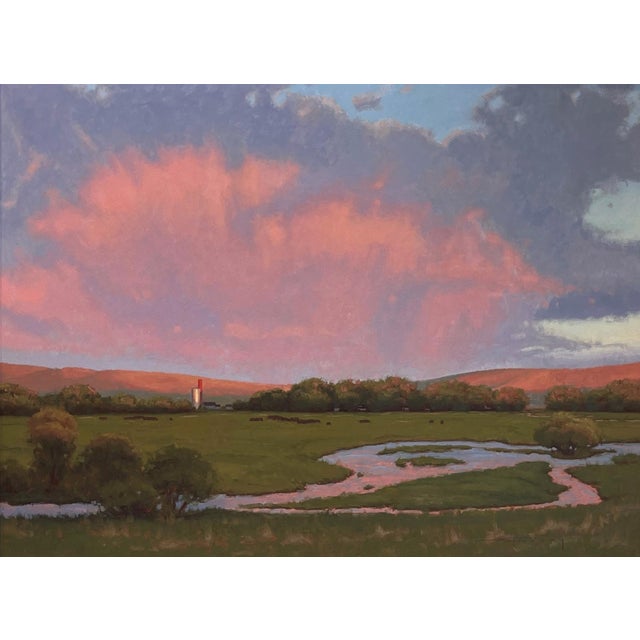 2010s Heaven's Blossom by Warren Neary | Oil on board Landscape with pink clouds over a field and river. For Sale - Image 5 of 5