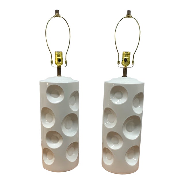 Pair of Mid 20th Century Swiss Cheese Style White Ceramic Table Lamps For Sale