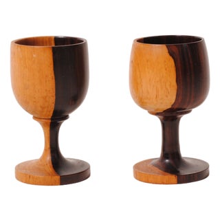 Carved Olive Wood Wine Glasses, 1960s, Set of 3 For Sale