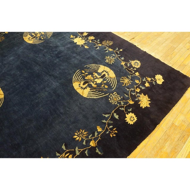 Navy Blue 1920s Antique Blue Navy Traditional Floral Birds Chinese Peking Wool Rug For Sale - Image 8 of 10