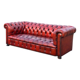 20th Century Red Leather 3-Seater Chesterfield, 1920s For Sale