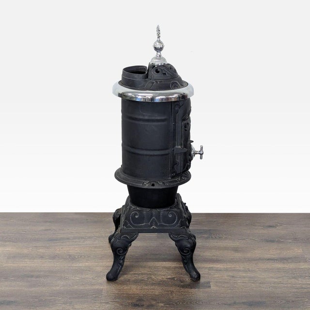 Antique Iron Parlor Stove With Decorative Silver Accents For Sale - Image 4 of 8