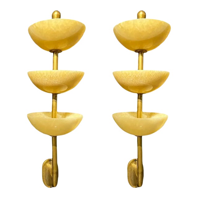 1940s Alabaster Sconces 3 Tiers - Pair For Sale