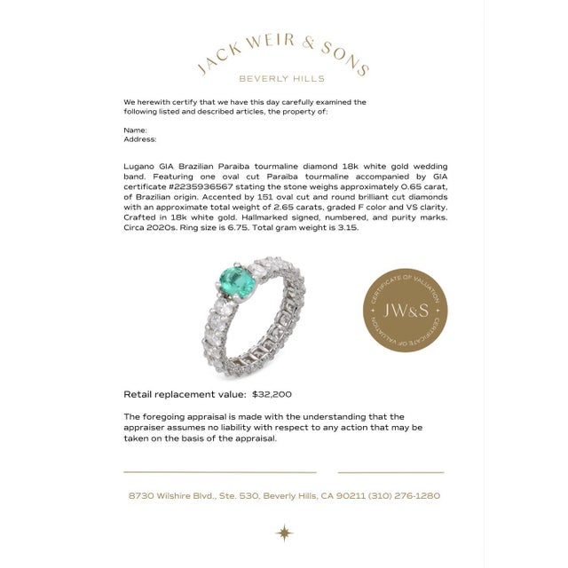 Green Mid 20th Century Lugano Gia Brazilian Paraiba Tourmaline Diamond 18k White Gold Wedding Band, Size 6.75 For Sale - Image 8 of 8